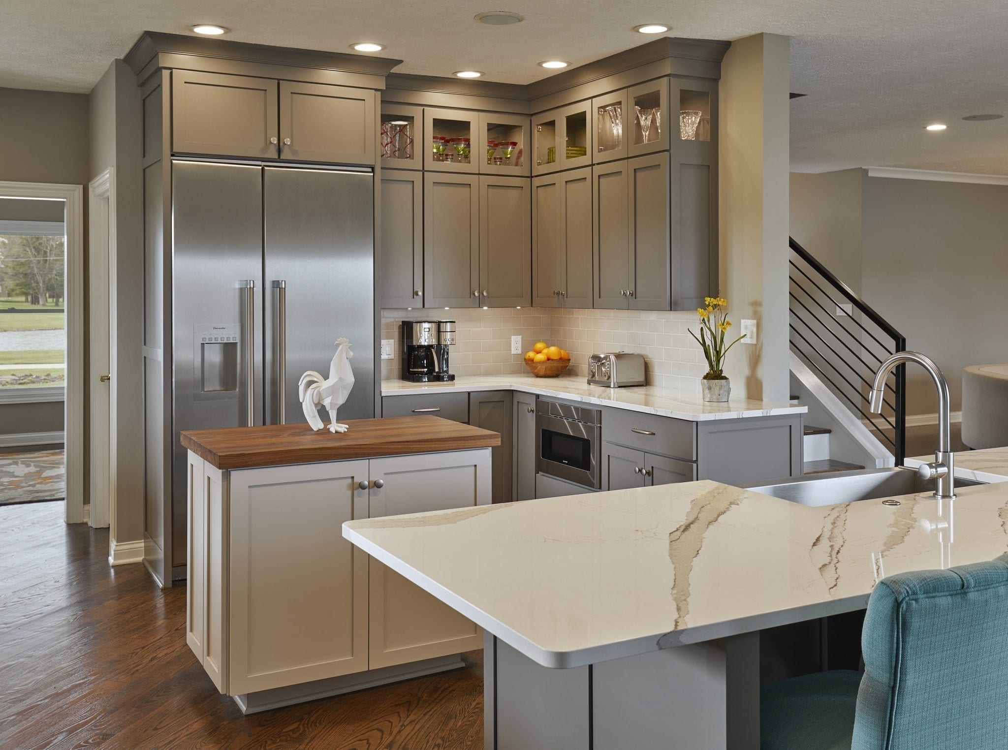 Kitchen with Grey Cabinets and Butcher Block Island